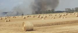Dzień, pole, słoma w balotach, w oddali dym.