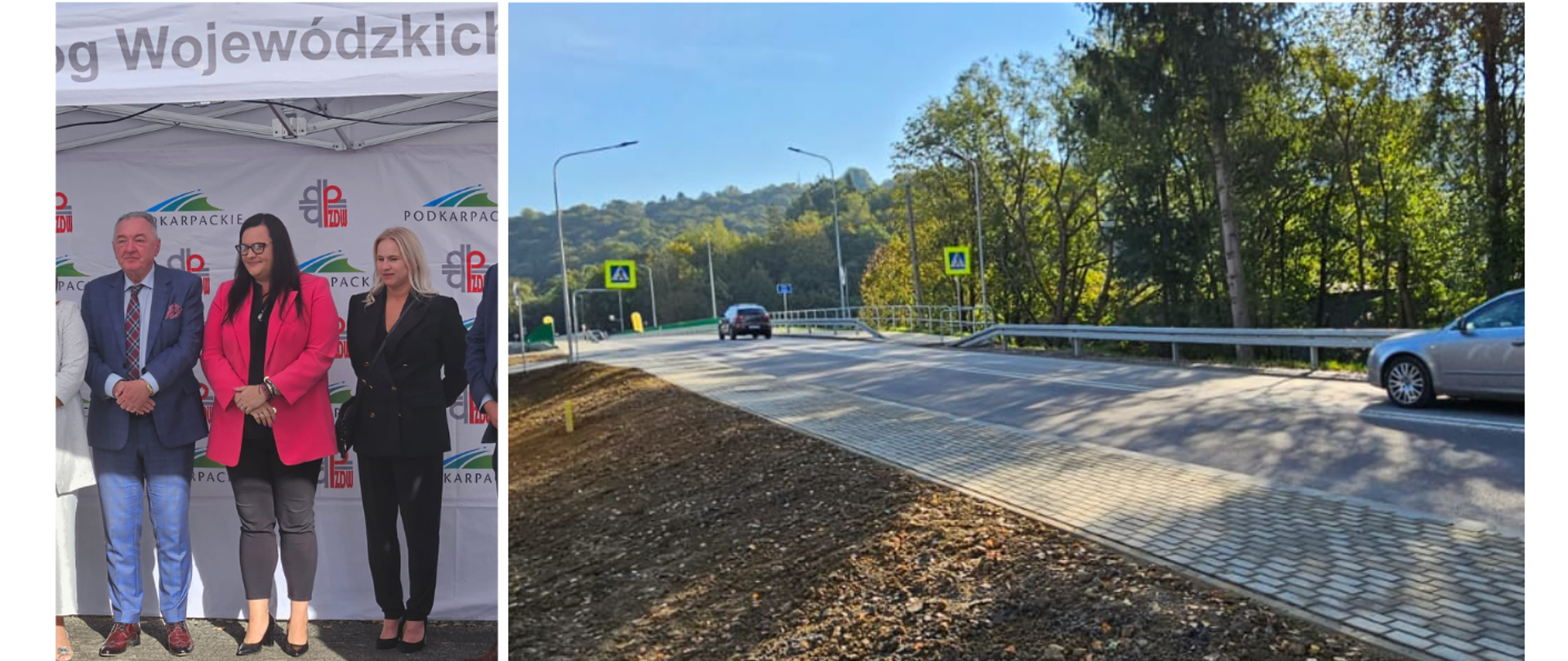 Kolaż dwóch zdjęć - na jednym grupa osób, obok droga