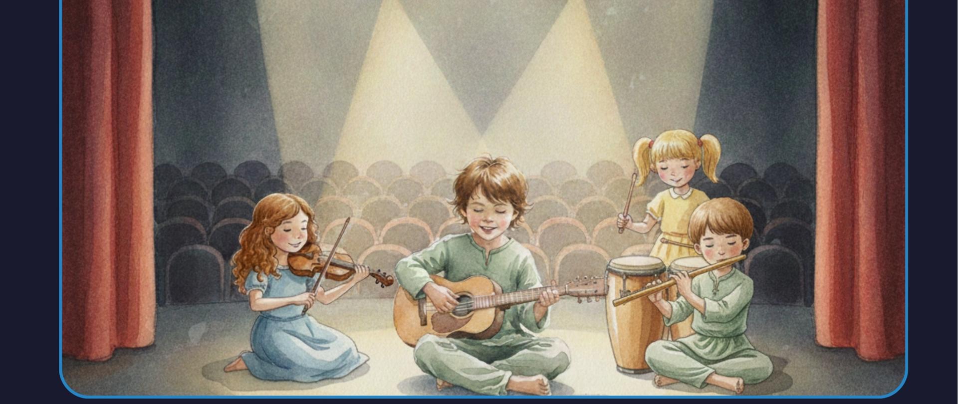 Grafika zapraszająca na szkolny koncert pierwszoklasistów z ilustracją dzieci muzykujących na gitarze, skrzypcach, flecie i bębnach. Poniżej obrazka umieszczono datę 26 stycznia 2026 r., godzinę 17:00 oraz informację, że wydarzenie odbędzie się w sali koncertowej szkoły.