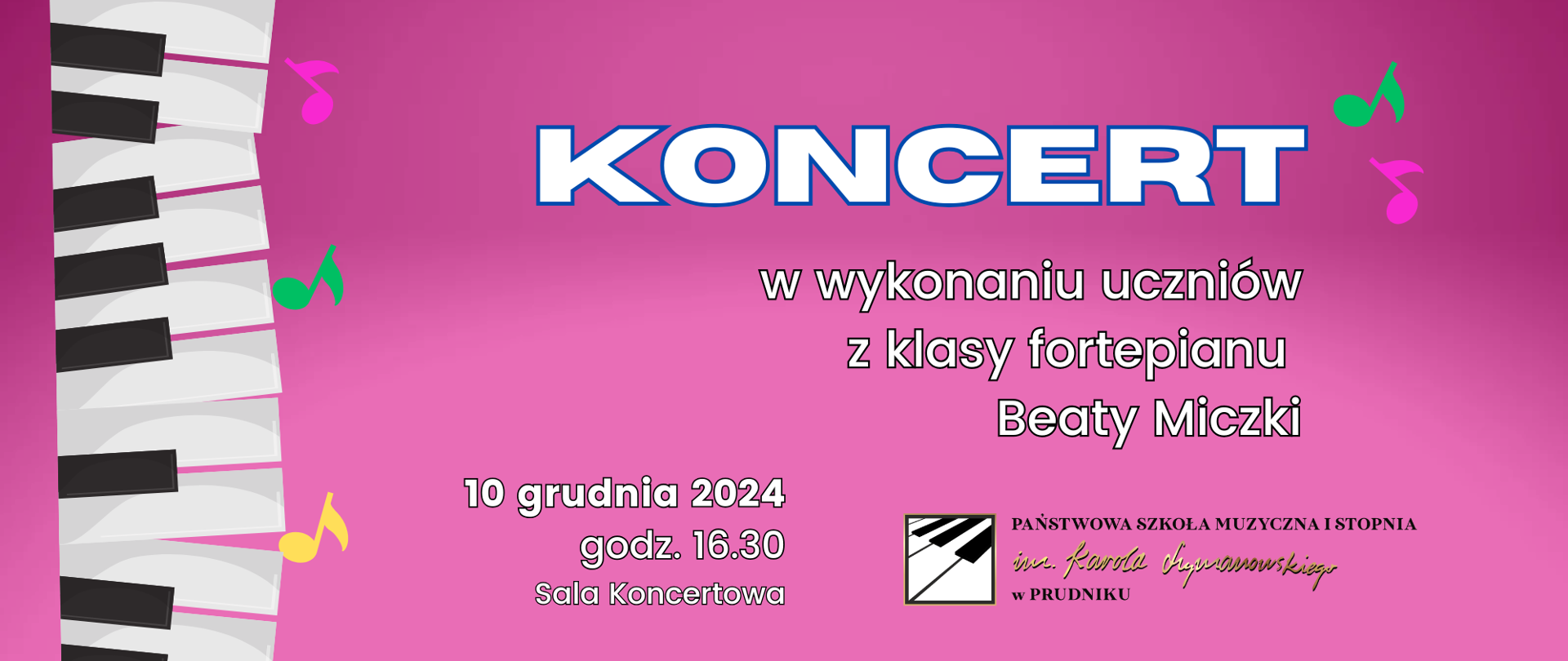 Baner z informacja o koncercie fortepianowym. Po lewej stronie ozdobna grafika imitująca klawiaturę. w środkowej części informacje o koncercie.fortepianu.