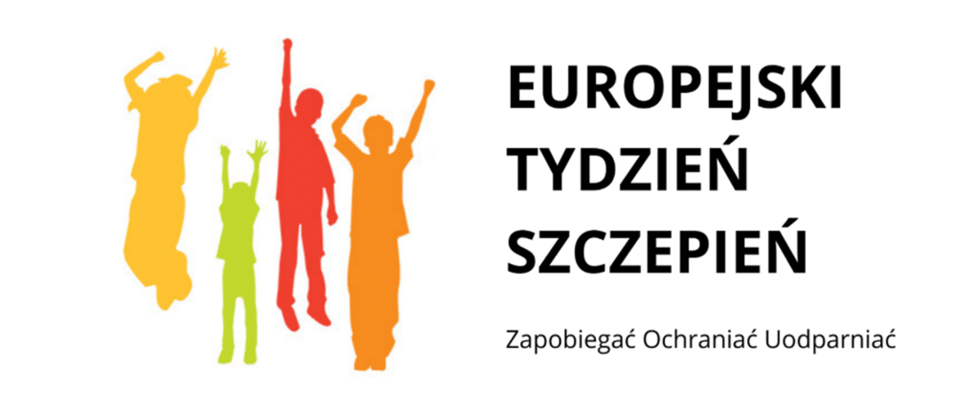 Obraz zawierający tekst "Europejski Tydzień Szczepień" oraz kolorową grafikę przedstawiającą cztery osoby z uniesionymi radośnie rękami.