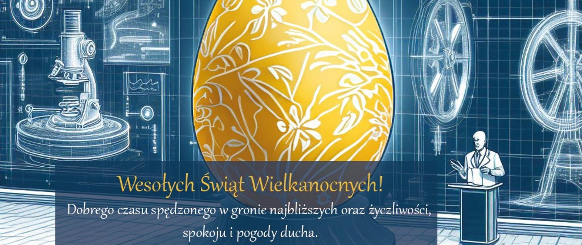 Grafika - obrazki przedstawiające różne urządzenia i przyrządy naukowe, przed tym żółte jajko i napis Wesołych Świąt Wielkanocnych.