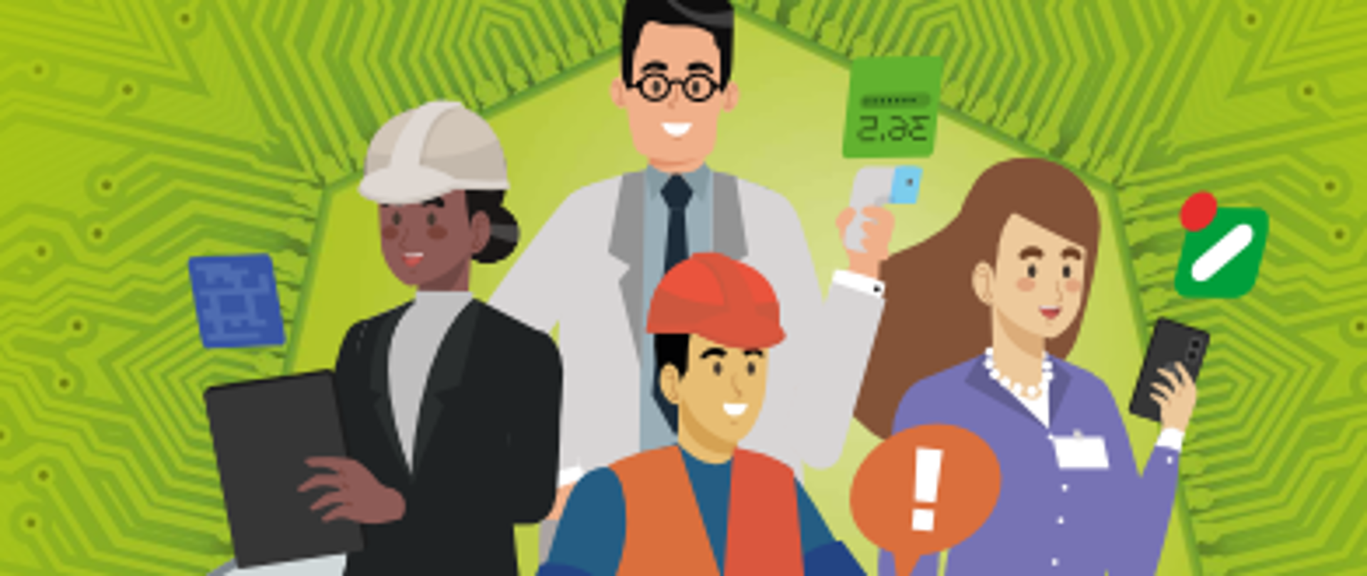 Plakat informacyjny "Zdrowe i bezpieczne miejsce pracy” - Kampania na lata 2023-2025, Tło zielone i w formie komiksowej postacie ludzi pracujących w różnych zawodach.
