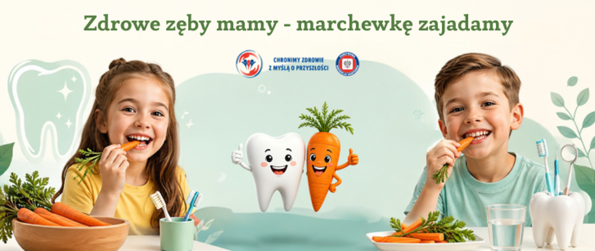 na kremowym tle z odcieniami pastelowej zieleni, od lewej dziewczynka w długich włosach ubrana żółtą koszulkę, która zjada surową marchewkę. Obok dziewczynki drewniana miska z marchewkami. Przed dziewczynka pastelowy kubek ze szczoteczkami do zębów. Na środku grafika białego uśmiechniętego zęba obok uśmiechnięta pomarańczowa marchewka. Powyżej logo Państwowej Inspekcji Sanitarnej wraz z hasłem: Chronimy zdrowie z myślą o przyszłości. Powyżej zielony napis Zdrowe zęby mamy - marchewkę zajadamy. Po prawej stronie chłopiec w seledynowej koszulce, który także zjada marchewkę. Przed chłopcem talerzyk z marchewkami, szklanka z wodą oraz pojemni w kształcie zęba w któym są umieszczone szczoteczka oraz przybory dentystyczne. 