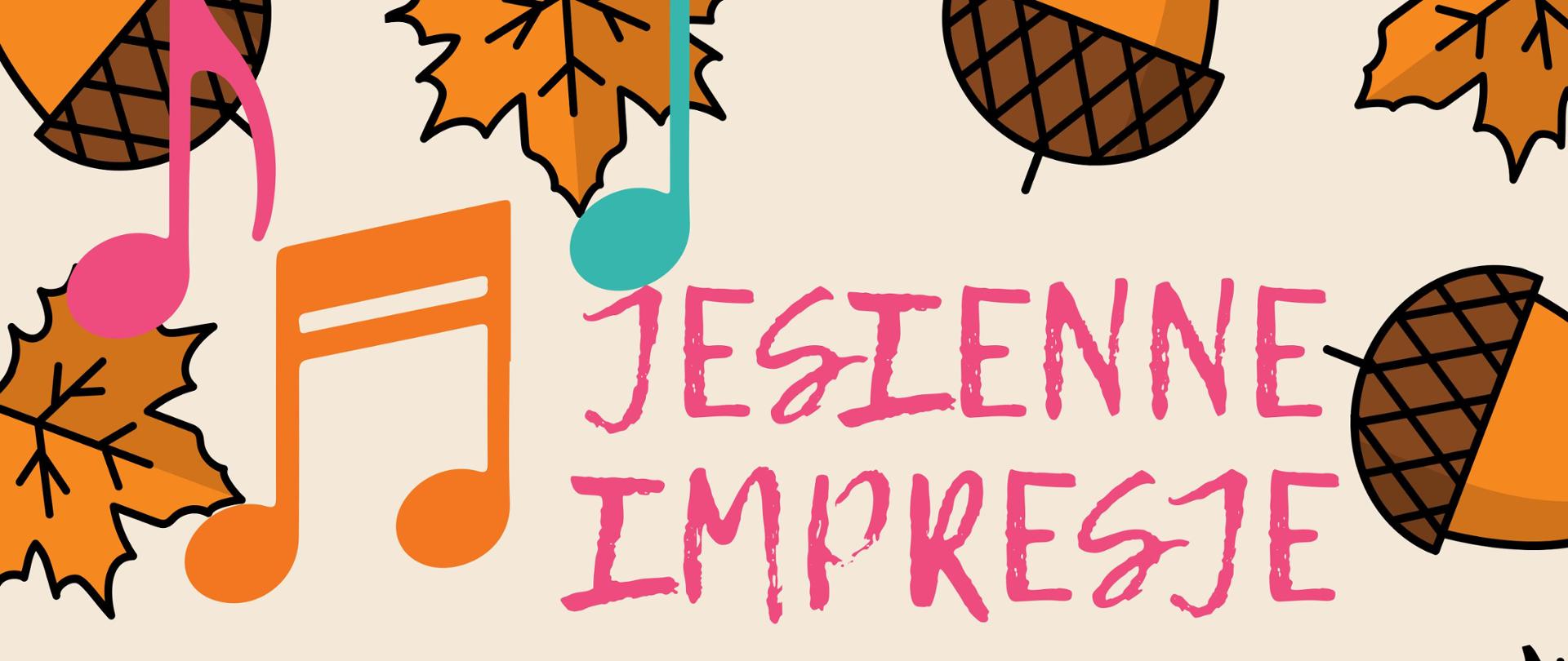 Plakat zapowiada koncert zatytułowany „Jesienne impresje”- koncert klasy oboju, klarnetu i saksofonu. Koncert odbędzie się 4 listopada o godzinie 17:45 w auli szkoły. Przy fortepianie zagra Dorota Jabłońska-Mazurek. Uczniów przygotowali Magdalena Maniewska i Ignacy Wysocki.
Tło plakatu jest beżowe, ozdobione kolorowymi jesiennymi liśćmi, żołędziami i dużymi, kolorowymi nutkami w odcieniach pomarańczowym, różowym, turkusowym i żółtym. Napis „Jesienne impresje” jest w różowym kolorze i ma styl przypominający odręczne pismo. Całość ma radosny, jesienny i muzyczny charakter.