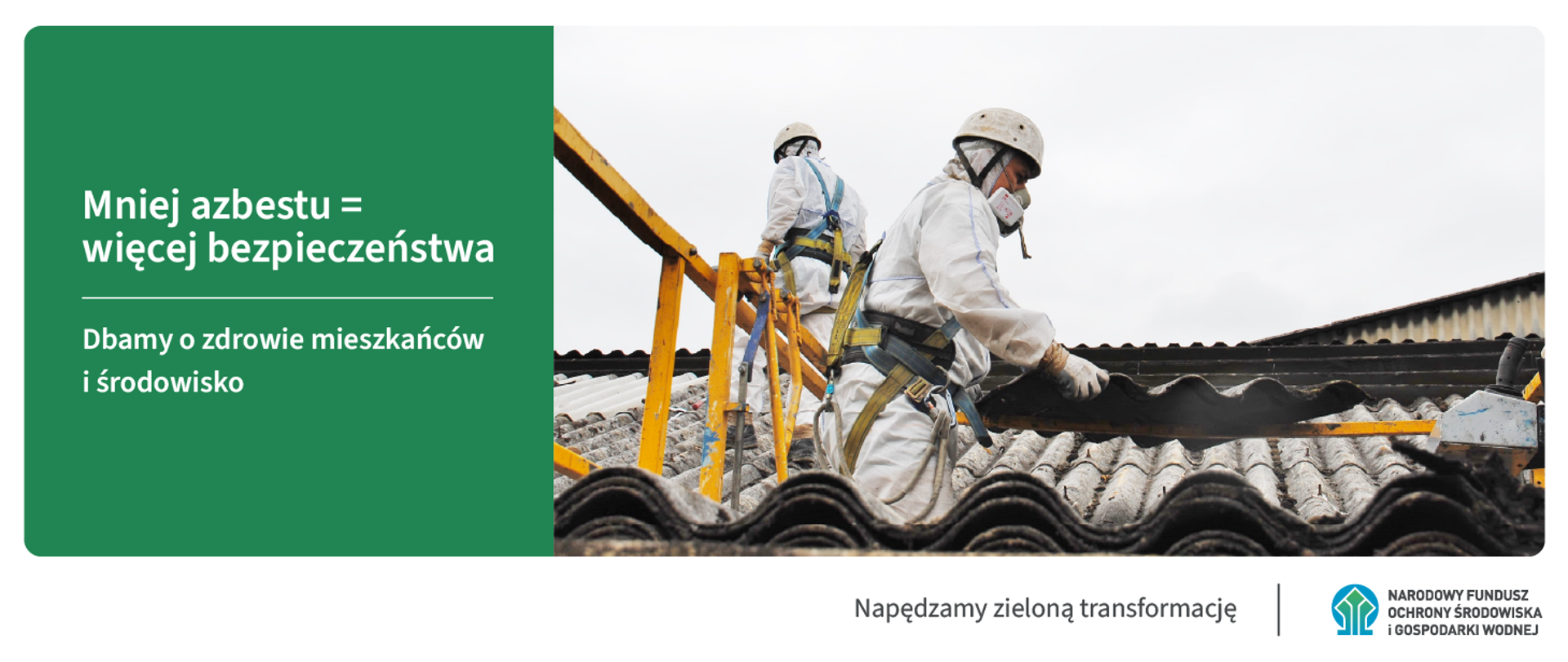 Grafika ilustracyjna. Mniej azbestu = więcej bezpieczeństwa. Dbajmy o zdrowie mieszkańców i środowisko