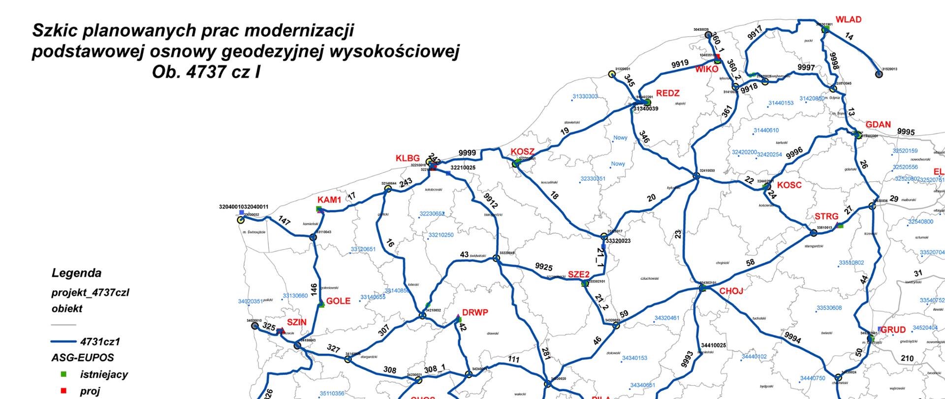 Ilustracja przedstawia fragment terytorium Polski z przebiegiem linii niwelacyjnych planowanych do przeglądu w ramach ogłoszonego postępowania przetargowego.