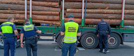 Inspekcja transportu drewna prowadzona przez służby drogowe i policję na przydrożnym parkingu.