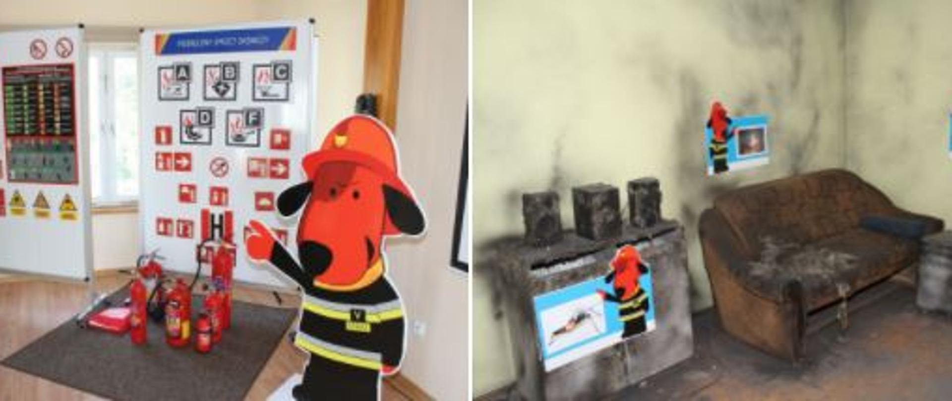 Zdjęcie składa się z trzech elementów. Po lewej stronie zdjęcie przedstawia dzieci siedzące na dywanie i oglądające prezentację multimedialną. Środkowy obraz przedstawia plansze informacyjne będące na wyposażeniu ognika. Są to głównie oznaczenia gaśnic. Po prawej stronie zdjęcie przedstawia jedno z pomieszczeń ognika, które wygląda jak po pożarze.