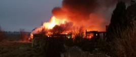 W oddali znajduje się budynek gospodarczy w którym trwa bardzo rozwinięty pożar. Płomienie sięgają na kilka metrów ponad dach budynku.