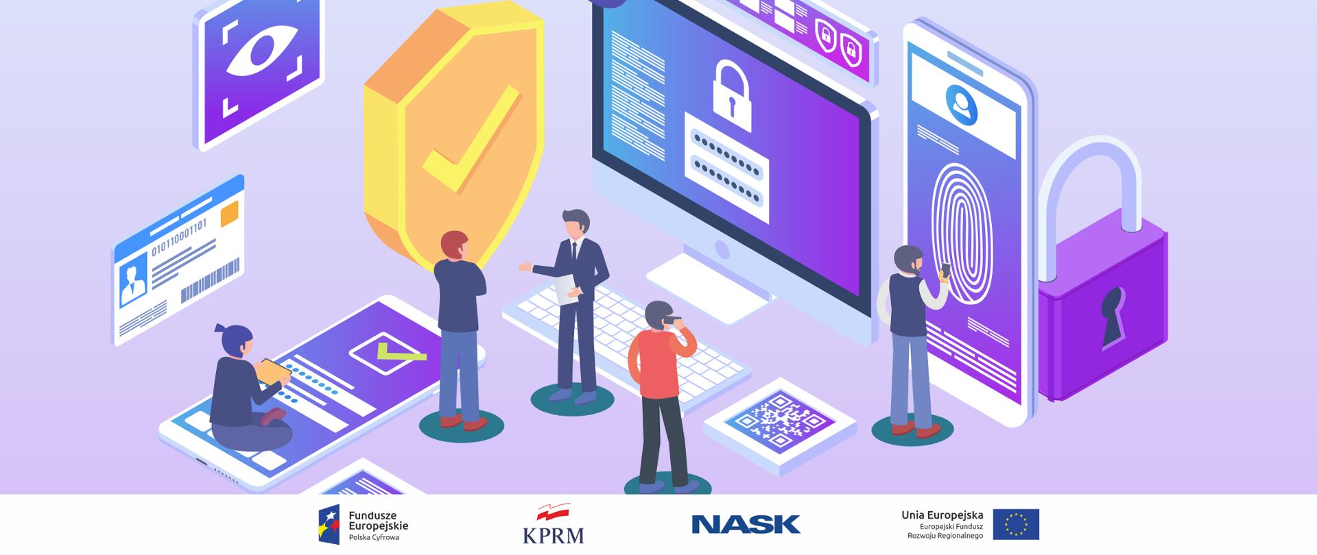 Grafika wektorowa utrzymana w fioletowej tonacji kilka osób (czterej stojący mężczyźni jedna siedząca kobieta) przed symbolami różnych sposobów weryfikacji. Wokół nich ekrany smartfona i komputera. Na podłodze kod QR, klawiatura, smartfon.