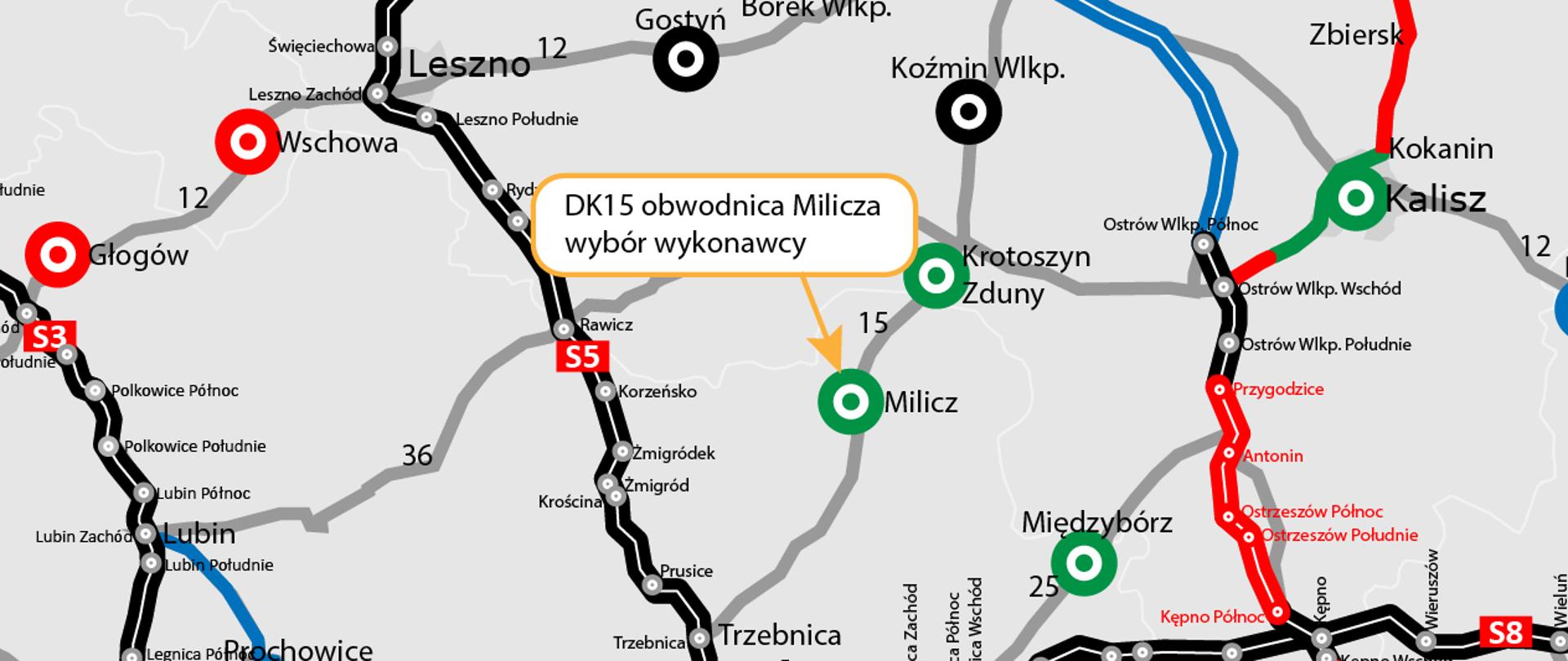 mapa z DK15 i zaznaczona obwodnica Milicza