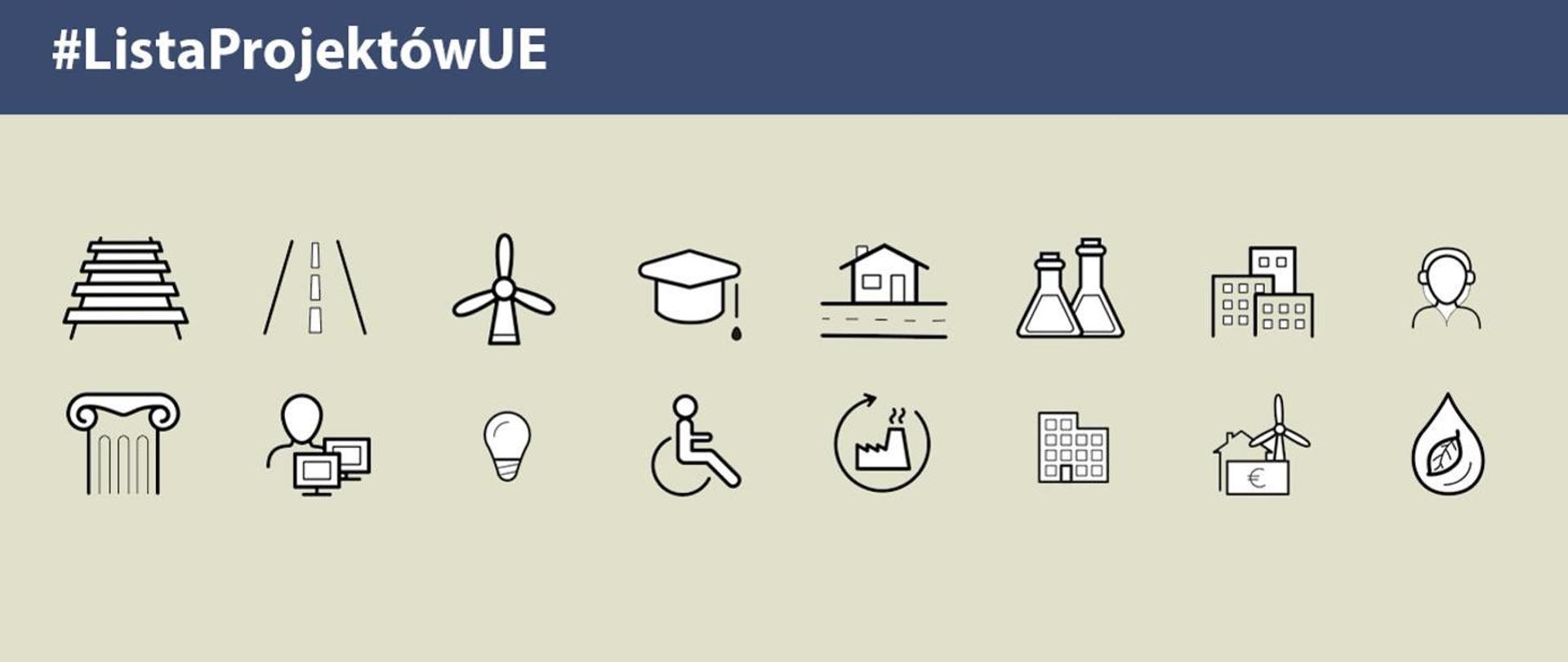 Lista projektów UE - grafika przedstawiająca ikony obrazujące projekty finansowane z Funduszy Europejskich
