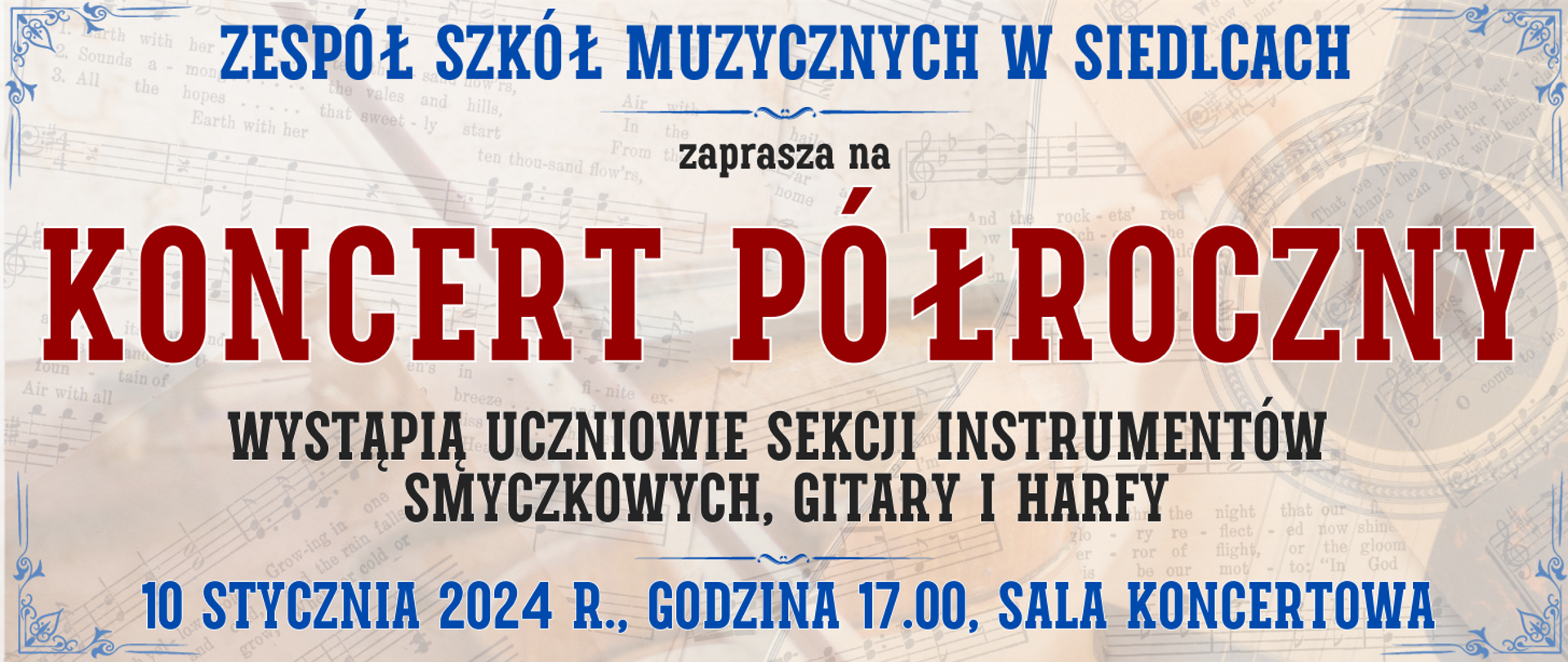 kolorowe tło z półprzezroczystymi nutami muzycznymi, gitarą i skrzypcami oraz informacja o wydarzeniu