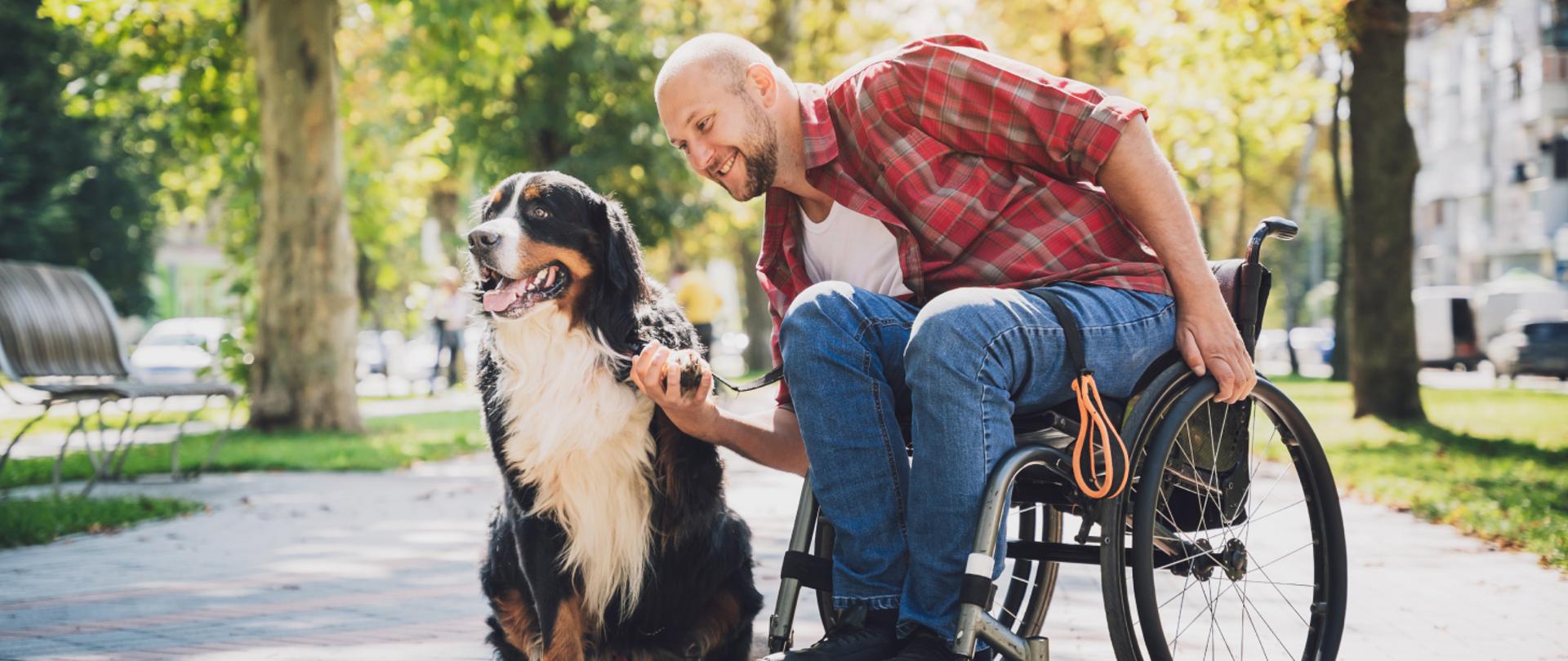 Mężczyzna na wózku inwalidzkim przebywa w parku wraz ze swoim psem. 