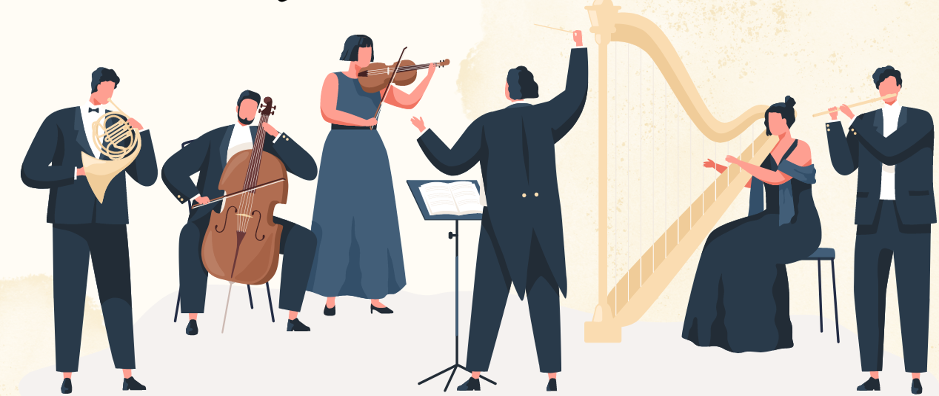 Plakat ze szczegółami wyjazdu na beżowym tle i grafiką przedstawiającą orkiestrę w prawym dolnym rogu