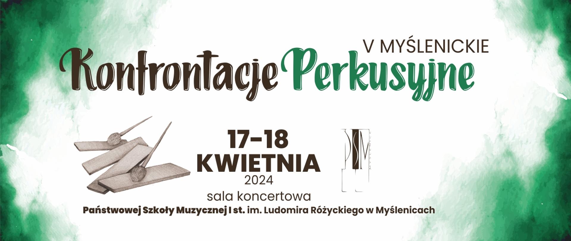 na biało-zielonym tle napis V konfrontacje perkusyjne oraz data 17-18 kwietnia 2024