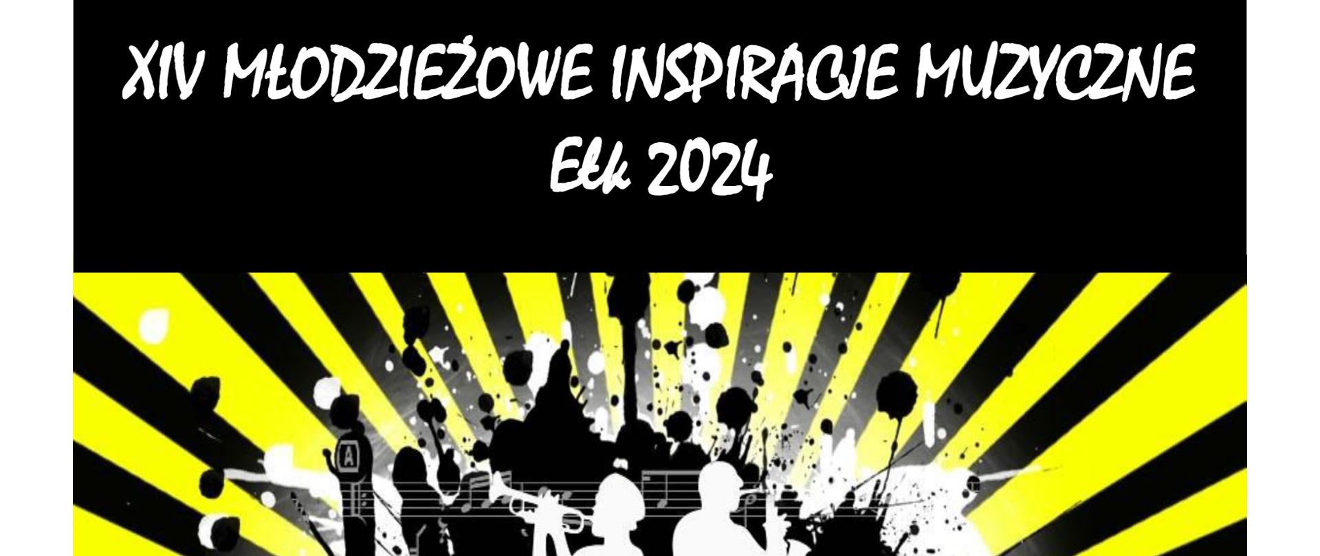 Plakat w jaskrawym cytrynowym kolorze przedstawia biały zarys dwóch postaci, grających na trąbce i saksofonie. Znajduje się na nim zaproszenie na XIII Młodzieżowe Inspiracje Muzyczne, które odbędą się 31 marca 2023r. o godz. 16.00 w sali koncertowej szkoły - wstęp wolny.