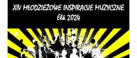 Plakat w jaskrawym cytrynowym kolorze przedstawia biały zarys dwóch postaci, grających na trąbce i saksofonie. Znajduje się na nim zaproszenie na XIII Młodzieżowe Inspiracje Muzyczne, które odbędą się 31 marca 2023r. o godz. 16.00 w sali koncertowej szkoły - wstęp wolny.