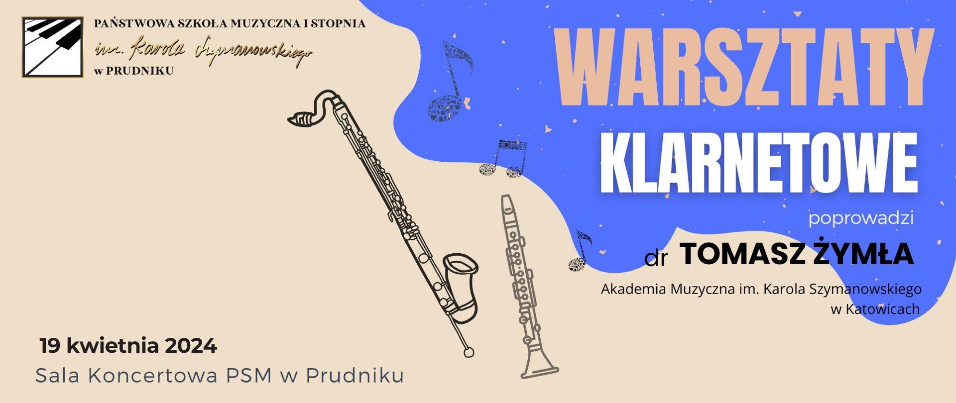 Baner z informacją o warsztatach klarnetowych. W środkowej części ikonografia nutek i klarnetów. W lewym górnym rogu logo szkoły.