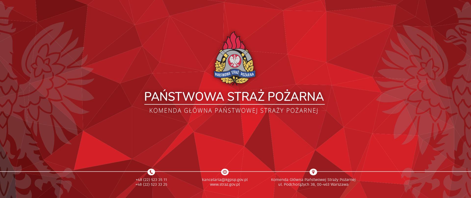 Zdjęcie tła wykorzystywane do artykułów. Czerwone tło z widocznymi połówkami orła po lewej i prawej stronie. W środku logo Państwowej Straży Pożarnej z napisem. U doły grafiki adresy i numery telefonów do Komendy Głównej