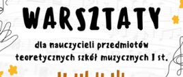 białe tło z zarysem nut na pięciolinii, grafiki dłoni, nut i symboli muzycznych w czarnych i żółto-pomarańczowych kolorach, czarne napisy
