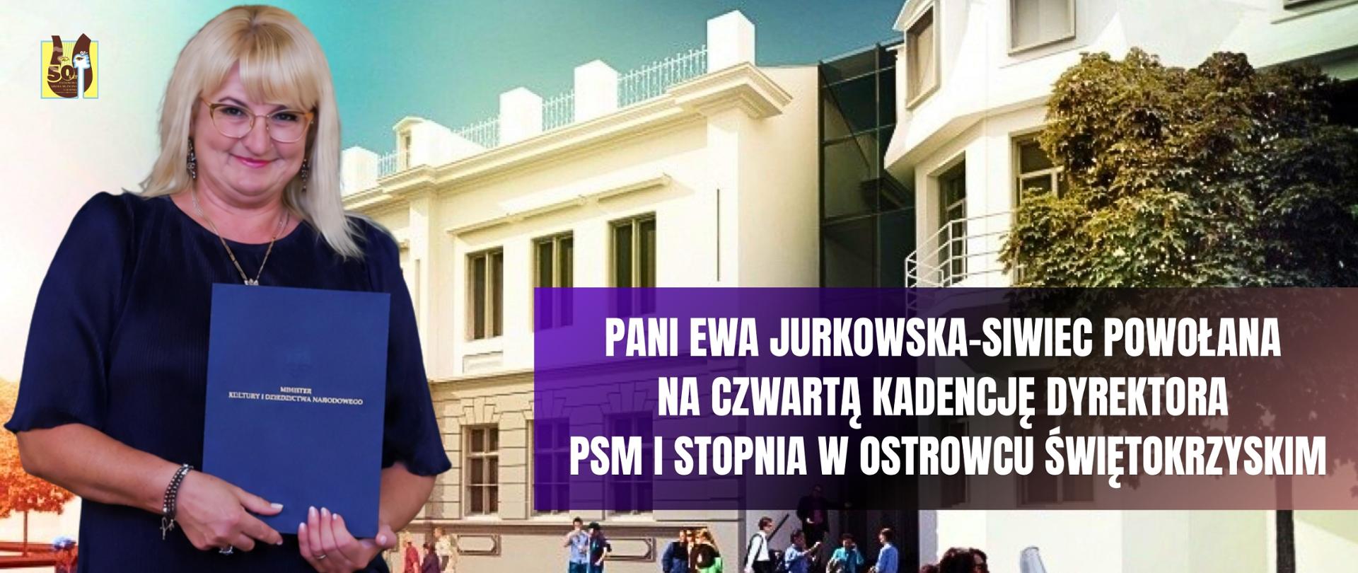 pani Ewa Jurkowska-Siwiec na tle szkoły z białymi literami, z logo szkoły z boku u góry