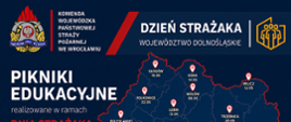 Plakat informacyjny w formie cyfrowej grafiki o tematyce społeczno-edukacyjnej, utrzymany w ciemnogranatowej, czerwonej, białej i złotej kolorystyce. Grafika zawiera mapę z harmonogramem wydarzeń na Dolnym Śląsku.