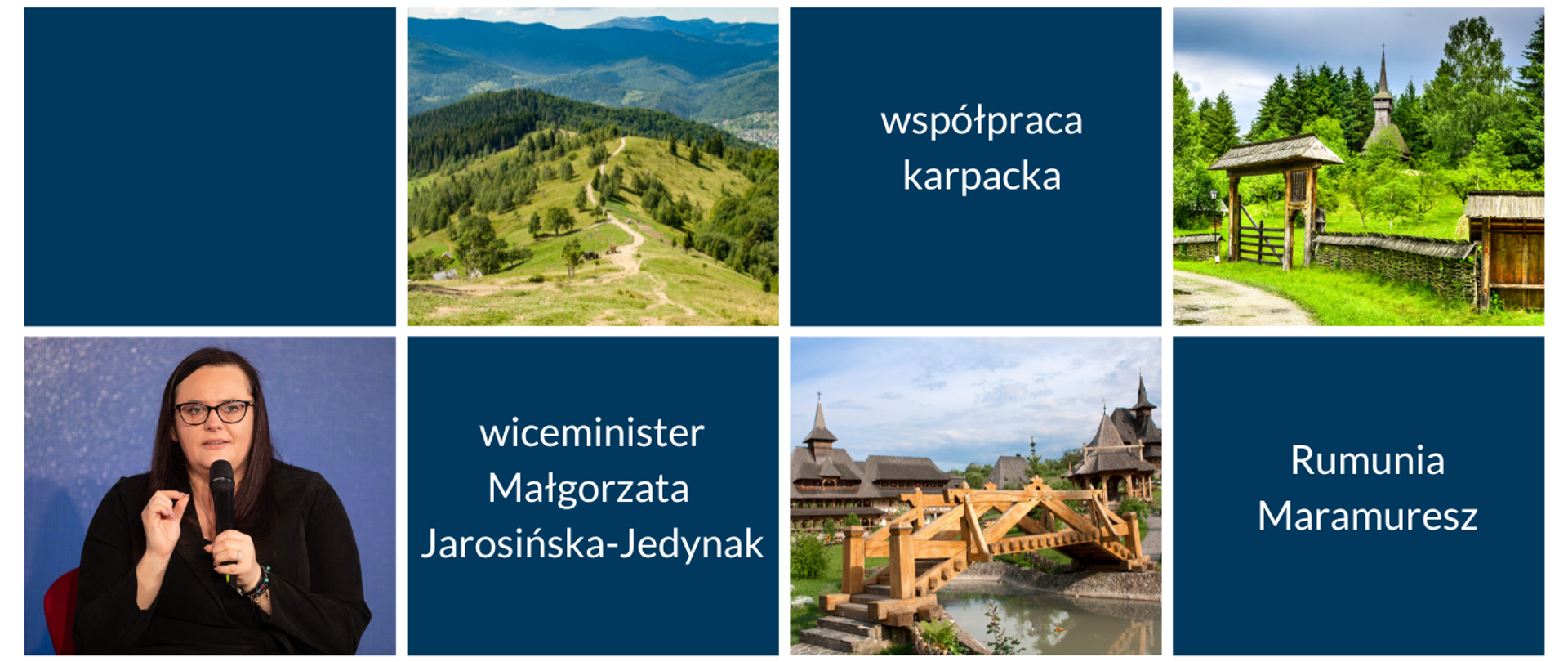 Kolaż zdjęć z Karpat w Rumunii oraz zdjęcie portretowe wiceminister Małgorzaty Jarosińskiej-Jedynak