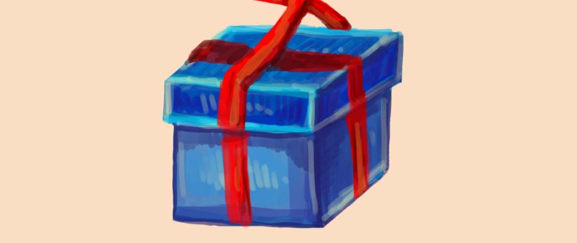 grafika przedstawia niebieskie pudełko , dwie dłonie zawiązują czerwoną wstążkę