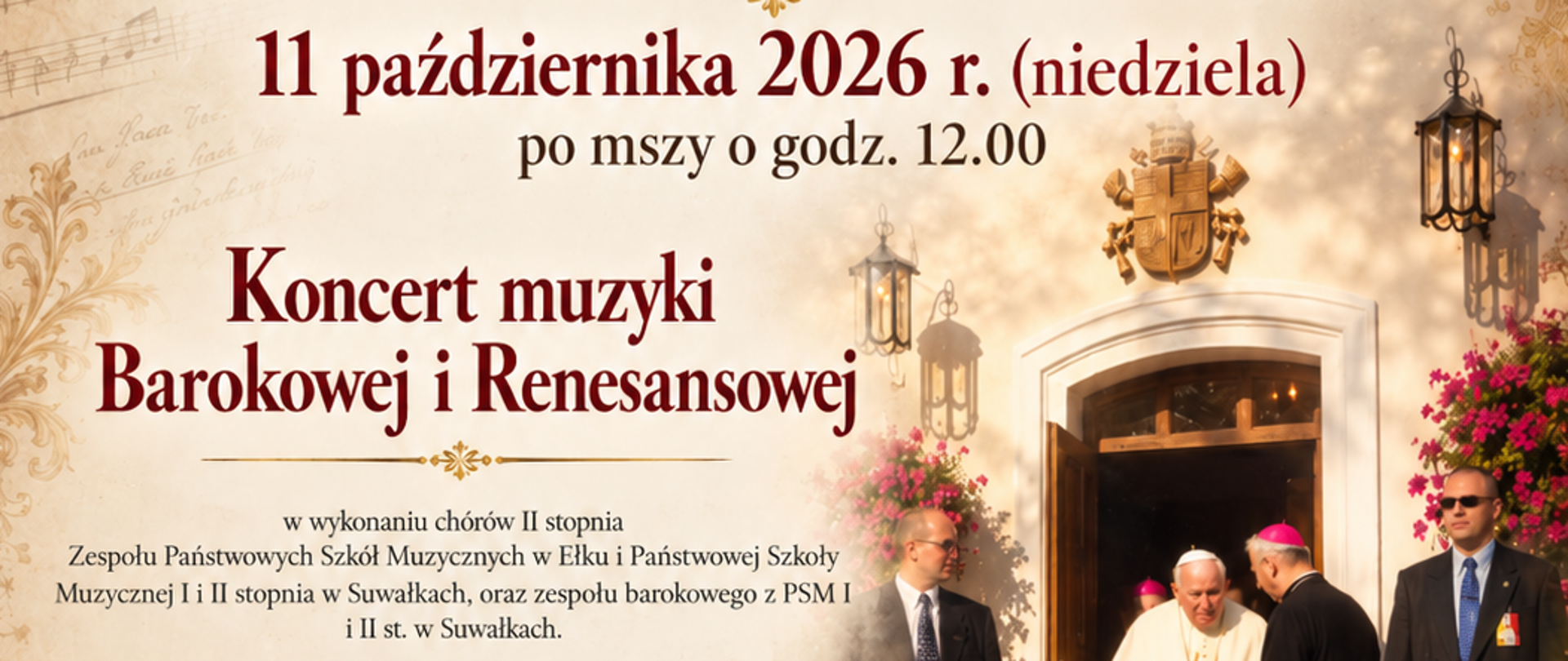Plakat wydarzenia „Dzień Papieski w Pokamedulskim Klasztorze w Wigrach”. Wydarzenie odbędzie się w niedzielę, 11 października 2026 r., po mszy o godz. 12:00. W programie zaplanowano Koncert muzyki Barokowej i Renesansowej w wykonaniu chóru i zespołu barokowego szkół muzycznych z Ełku i Suwałk. W tle plakatu widać widok z lotu ptaka na klasztor w Wigrach o zachodzie słońca oraz zdjęcie Papieża Jana Pawła II wchodzącego do budynku w towarzystwie duchownych i ochrony