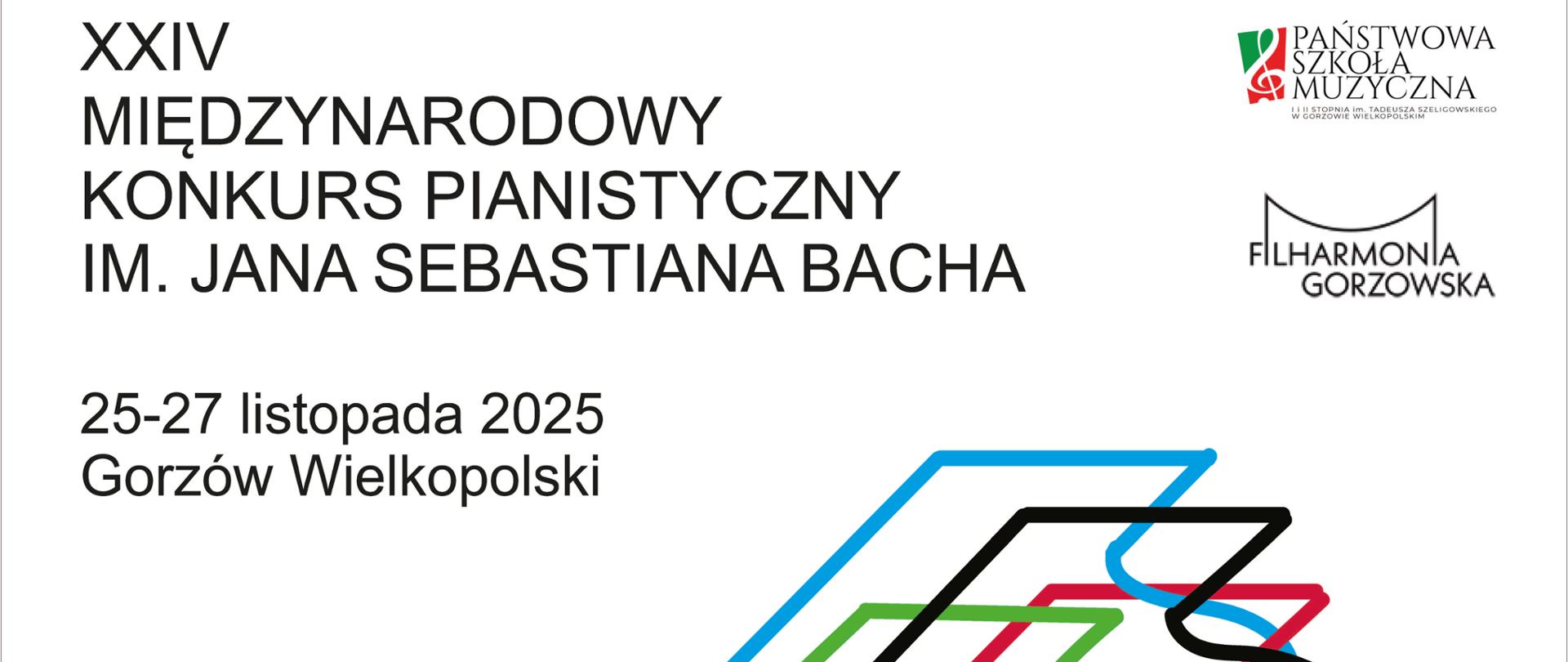 Plakat. Na białym tle kontury fortepianu w różnych kolorach. Z prawej strony logo organizatorów i współorganizatorów oraz informacja o terminie konkursu