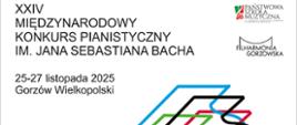 Plakat. Na białym tle kontury fortepianu w różnych kolorach. Z prawej strony logo organizatorów i współorganizatorów oraz informacja o terminie konkursu