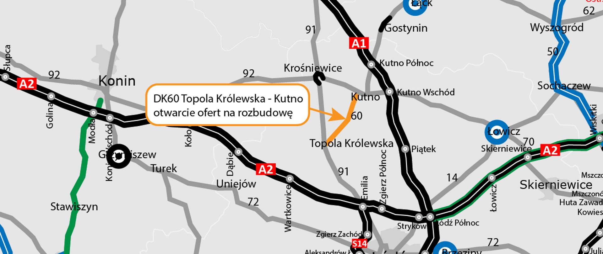 DK60 Topola Królewska- Kutno - rozbudowa - mapka