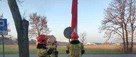 trzech strażaków ubranych w umundurowanie bojowe barwy żółto-brązowej z hełmem koloru czerwonego uczestniczy w uroczystym podniesieniu flagi państwowej na maszt, dwóch salutuje a jeden podnosi flagę państwową do góry na maszt obok stoi drzewo w tle pole drzewa i budynki pobliskiej szkoły