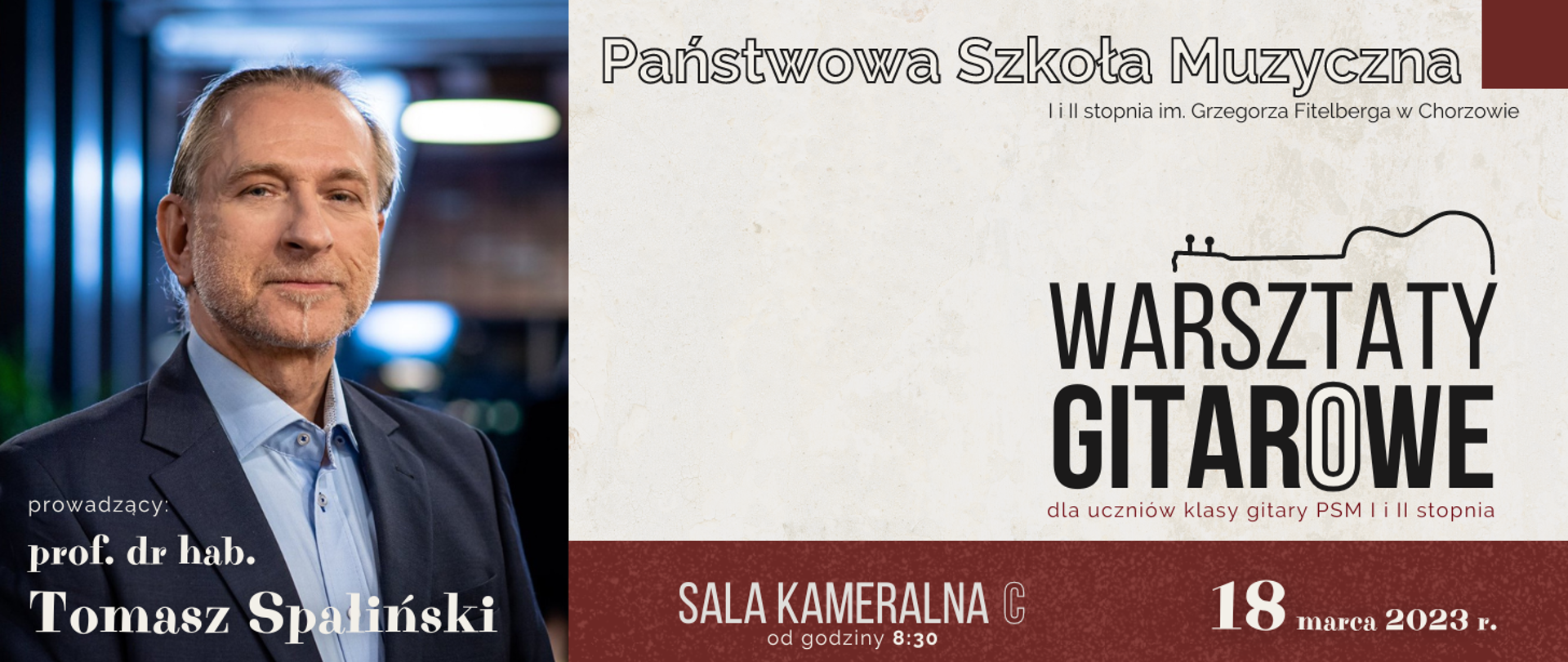 Banner na jasno szarym tle z bordowymi elementami przedstawiający sylwetkę gitarzysty Tomasza Spalińskiego oraz szczegółowe dane dotyczące warsztatów gitarowych (datę, godzinę oraz miejsce wydarzenia)