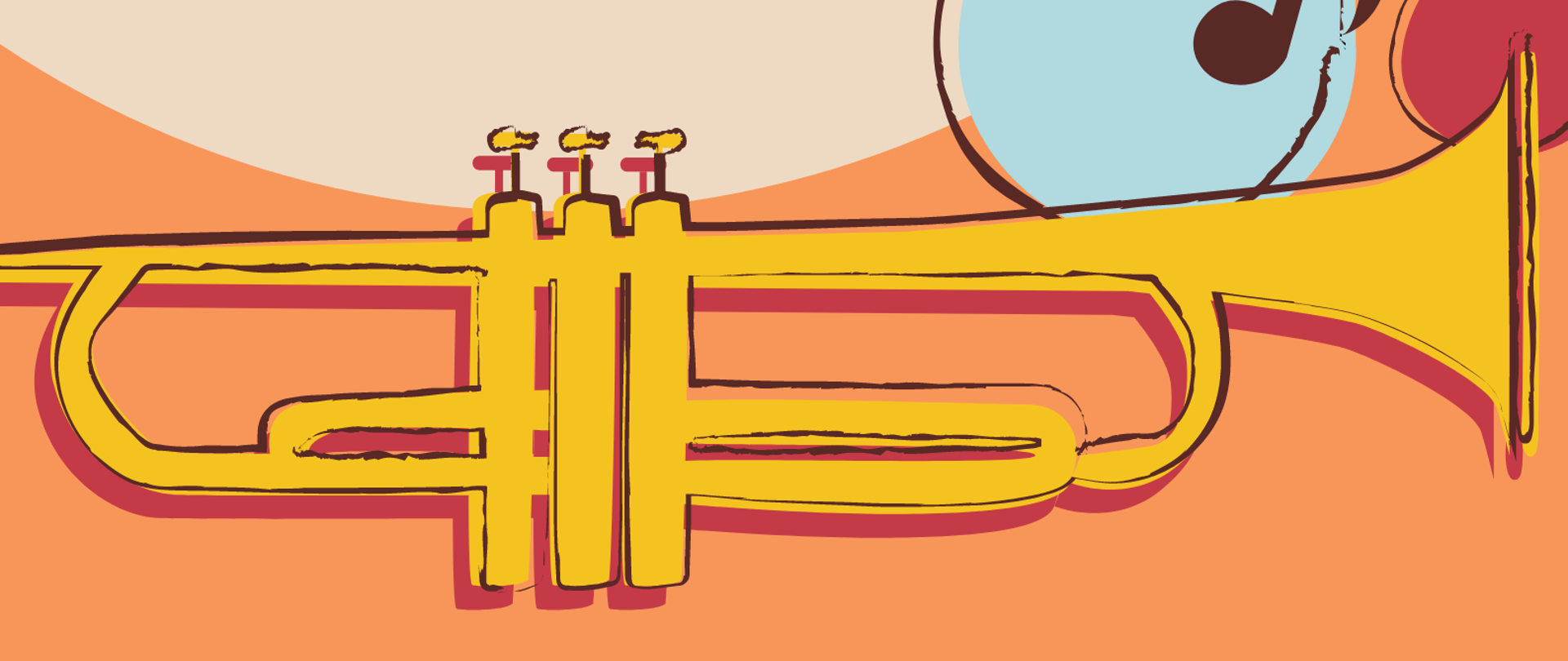 Na grafice widoczny jest napis "Warsztaty z zakresu gry na trąbce z mgr. Mirosławem Wencem dla uczniów i nauczycieli PSM I st. w Strzelinie" oraz informacja dotycząca miejsca i daty wydarzenia. Poniżej napisu znajduje się żółta grafika przedstawiająca trąbkę. Całość umieszczona jest na beżowo-pomarańczowym tle.