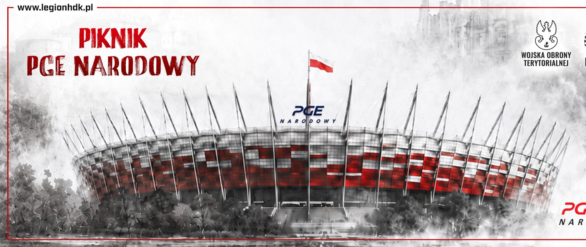 Grafika promująca wydarzenie „Piknik PGE Narodowy”. W centrum znajduje się czarno-biała ilustracja Stadionu Narodowego w Warszawie z biało-czerwonymi elementami elewacji oraz polską flagą powiewającą na dachu. W lewym górnym rogu widnieje czerwony, stylizowany napis „PIKNIK PGE NARODOWY”. W prawym górnym rogu umieszczono logotypy Wojsk Obrony Terytorialnej oraz Stowarzyszenia HDK Legion. Na dole po prawej stronie znajduje się czerwono-czarne logo PGE Narodowy, a w lewym górnym rogu adres strony internetowej www.legionhdk.pl