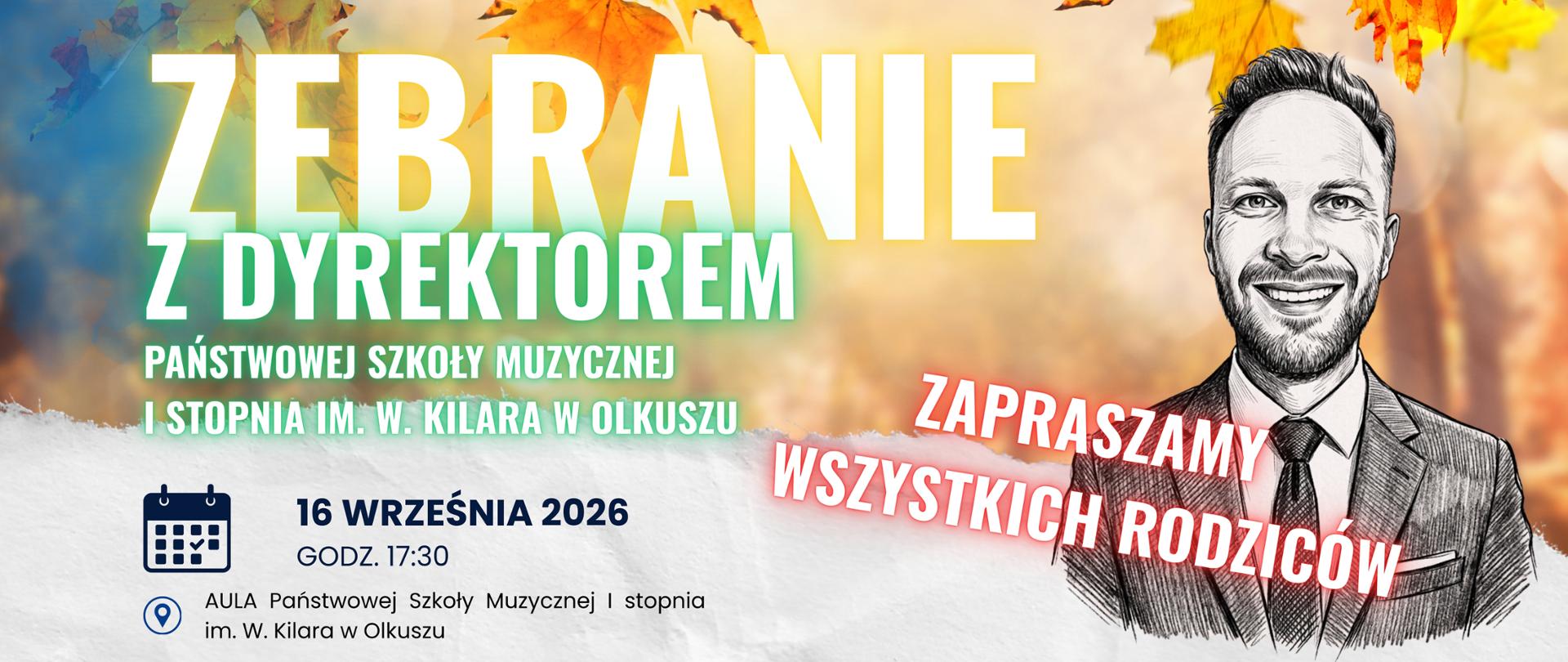 Jesienne tło, kolorowe napisy, wizerunek dyrektora po prawej stronie