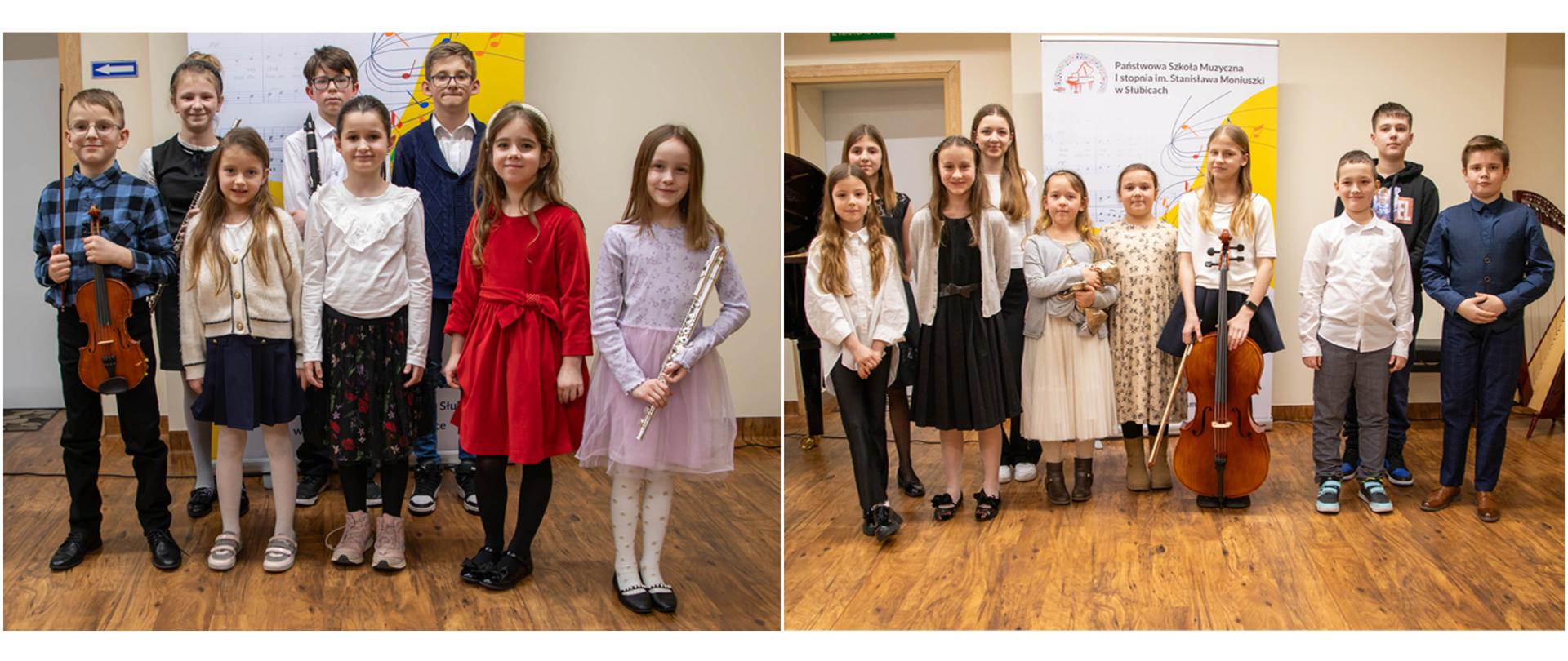 Collage dwóch zdjęć, na obu stoi grupa uczennic i uczniów, niektórzy trzymają w rękach instrumenty muzyczne. Za nimi stoi baner szkolny.