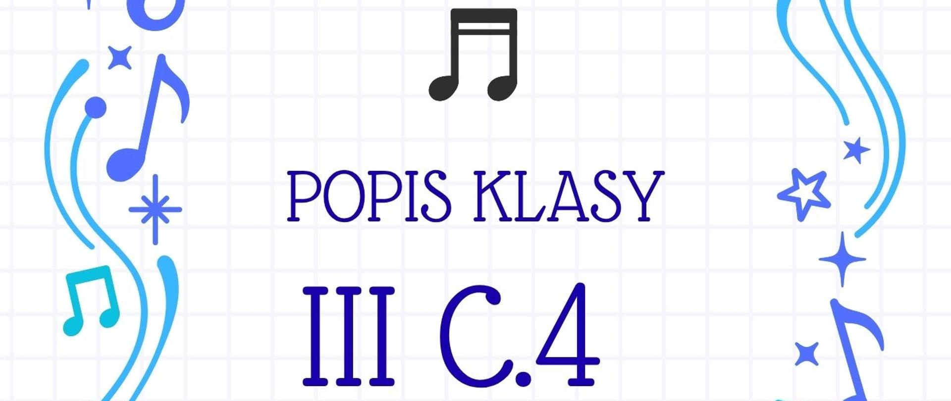 Białe tło, fioletowe napisy, niebiesko-granatowy otok z nutek, gwiazdek ozdoby dookoła napisu.