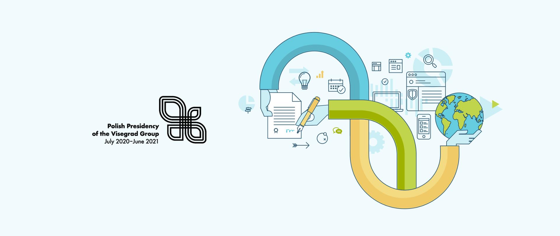 Kolorowa grafika wektorowa - jasno niebiesko tło, z prawej strony graf przedstawiający relacje, przepływy cyfrowe. Z lewej strony - logo polskiej prezydencji w Grupie Wyszehradzkiej.