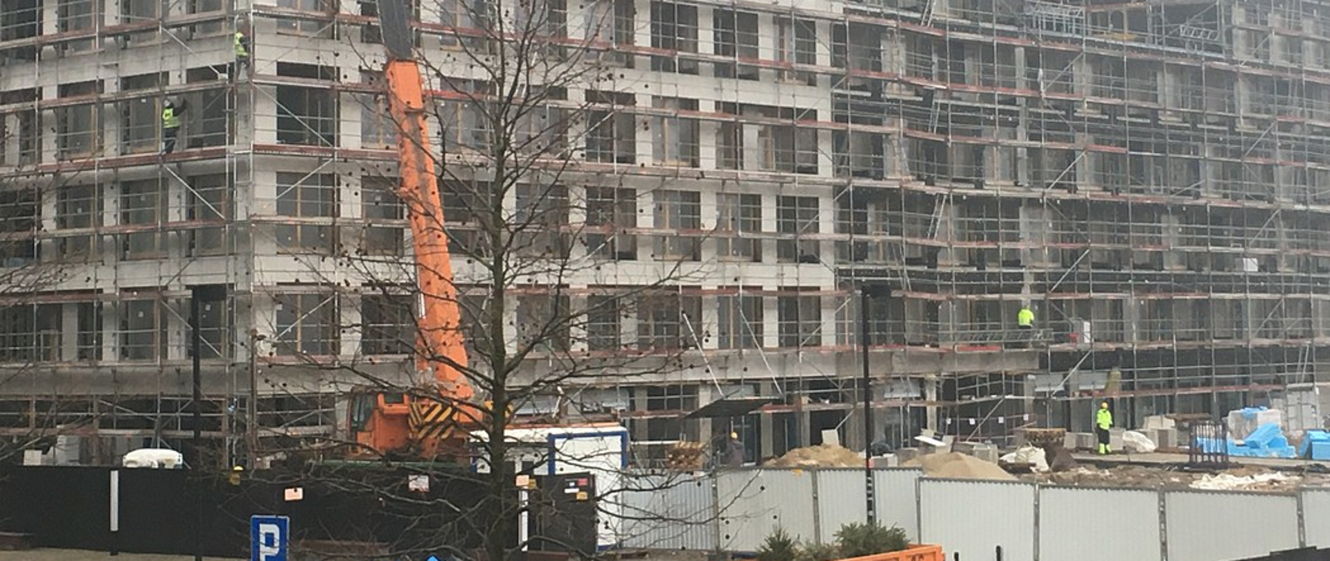 Budynek w budowie z rusztowaniem, dźwigiem i pracownikami, częściowo zasłonięty przez drzewo.