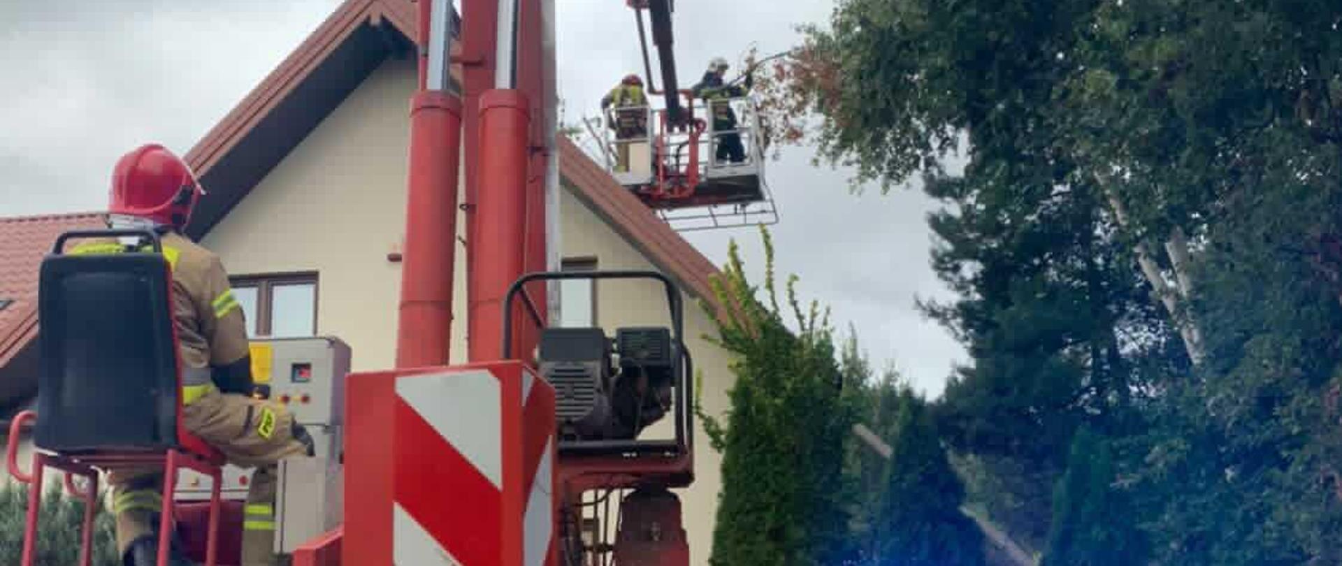 Zdjęcie przedstawia akcję ratowniczą, podczas której usuwano drzewo z dachu budynku mieszkalnego. Na pierwszym planie widać rozstawiony na drodze podnośnik hydraulczny koloru czerwonego, na siedzisku po lewej stronie siedzi operator, który obsługuje pojazd. Widoczne jest niebieskie światło ostrzegawcze. Strażak ma na sobie ubranie specjalne koloru piaskowego oraz czerwony hełm. W oddali nad dachem budynku, w koszu podnośnika znajduje się rota strażaków, którzy tną drzewo znajdujące się na dachu. Po prawej stronie rosną drzewa.