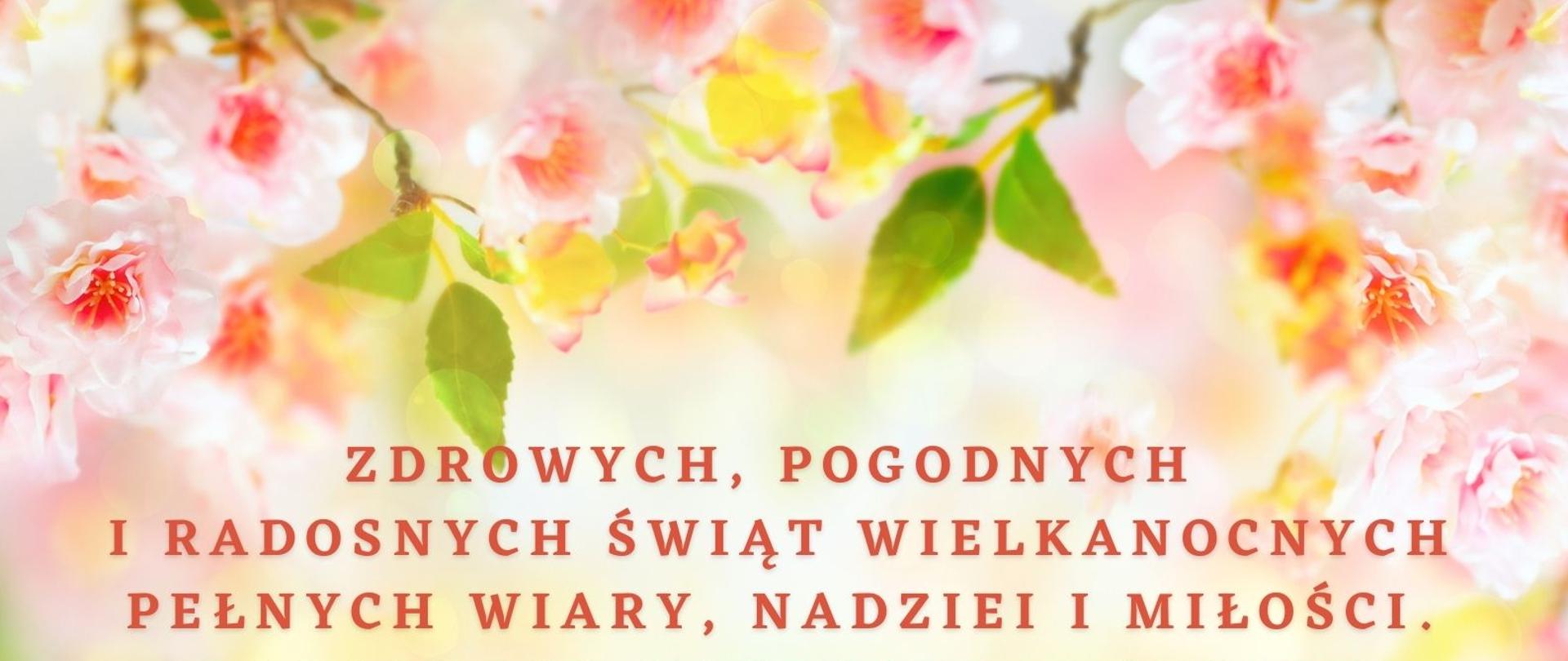 Kolorowy plakat przedstawiający pisanki na trawie, u góry kwitnące gałązki "Zdrowych, pogodnych i radosnych Świąt Wielkanocnych, pełnych wiary, nadziei i miłości. Radosnego nastroju w gronie rodziny i przyjació życzy dyrekcja, grono pedagogiczne oraz pracownicy szkoły