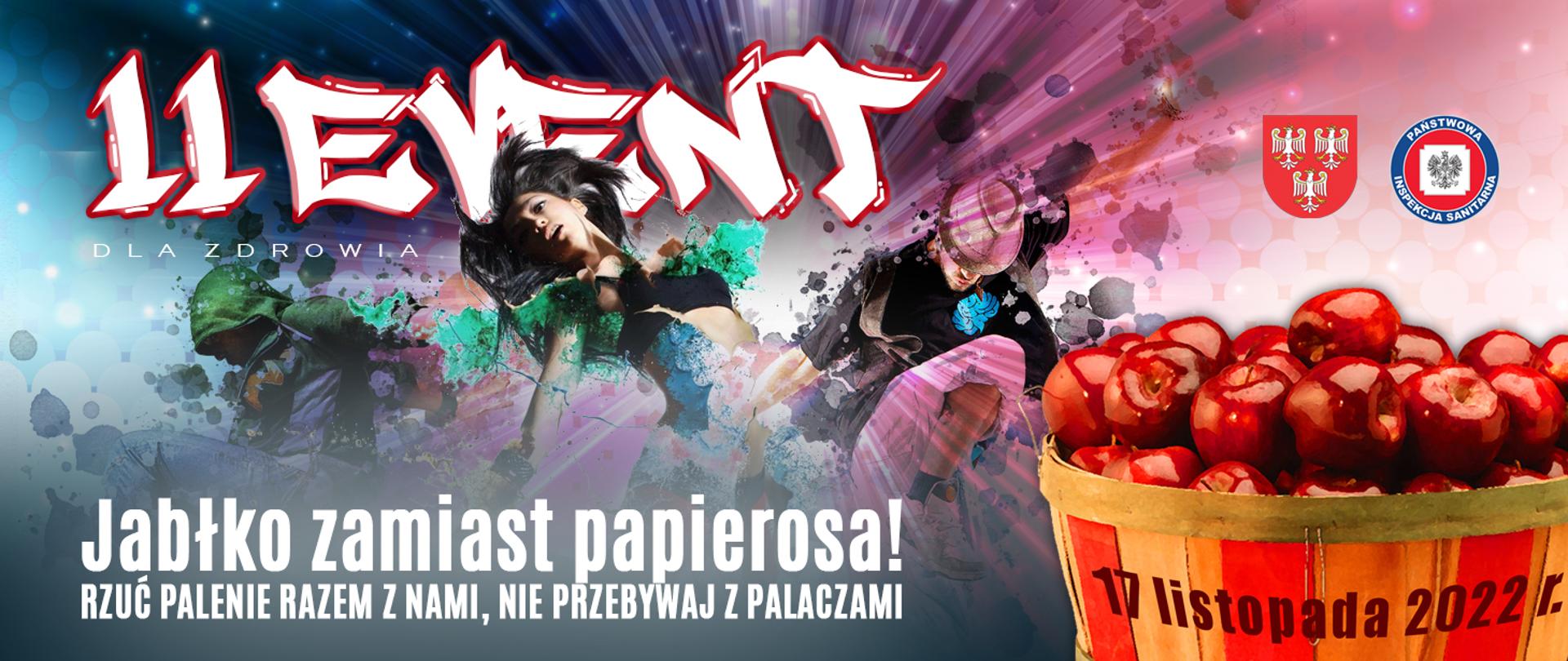 11 EVENT organizowany przez Starostwo Powiatowe w Olkuszu i Inspekcję Sanitarną w Olkuszu dla szkół ponadpodstawowych z terenu powiatu olkuskiego.
W dniu 17 listopada 2022 roku o godz. 10.00 dla uczczenia Światowego Dnia Rzucania Palenia uczniowie oraz grona pedagogiczne z wszystkich szkół ponadpodstawowych na terenie powiatu olkuskiego zjedzą 1 TONĘ JABŁEK. Głównym celem akcji jest promowanie zdrowego stylu życia oraz motywowanie osób palących do zaprzestania bądź ograniczania palenia w towarzystwie osób niepalących lub rozstania się z nałogiem.
