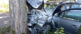 Fotografia przedstawia zbliżenie na wrak pojazdu po uderzeniu czołowym w drzewo, zniszczony przedział silnika