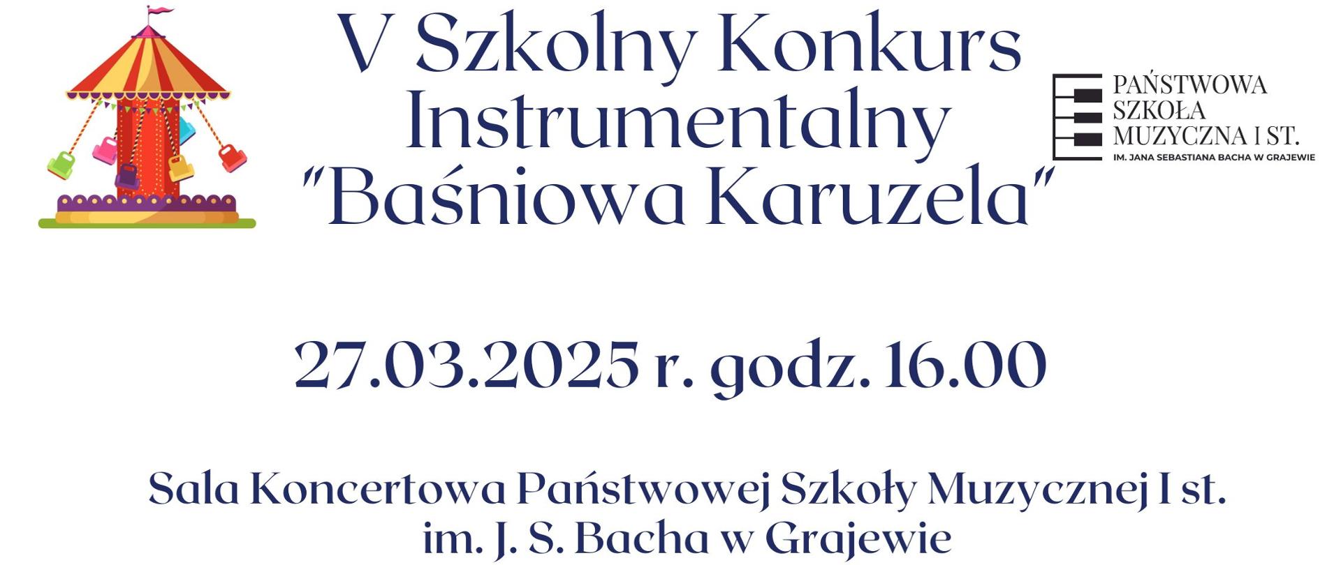 Plakat w kolorze białym, w lewym górnym rogu ilustracja kolorowej karuzeli, w prawym górnym rogu logo szkoły. W centralnym punkcie plakatu umieszczono informacje o nazwie wydarzenie oraz godzinie i miejscu, w którym się odbędzie. Na dole plakatu widać ilustracje muzyczne przedstawiające saksofon, nuty oraz skrzypce