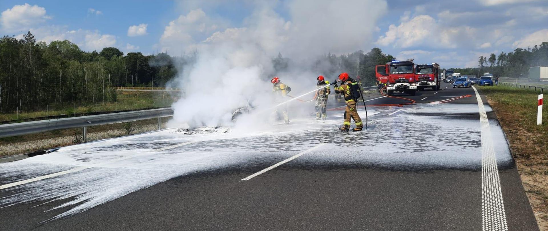 Strażacy PSP gaszą pożar samochodu osobowego