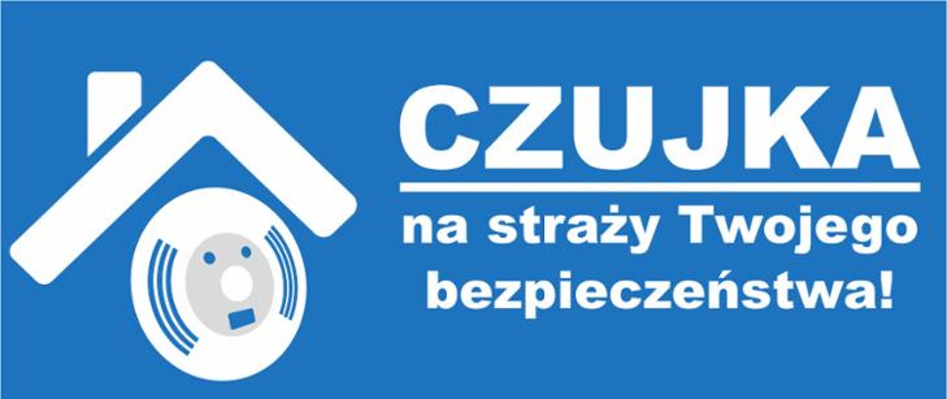 Grafika przedstawia logo ogólnopolskiej kampanii edukacyjno-informacyjnej pn. „Czujka na straży Twojego bezpieczeństwa!”. Po prawej stronie grafiki nazwa akcji, po lewej wizerunek czujki tlenku węgla znajdujący się pod daszkiem symbolizującym mieszkanie lub dom. 